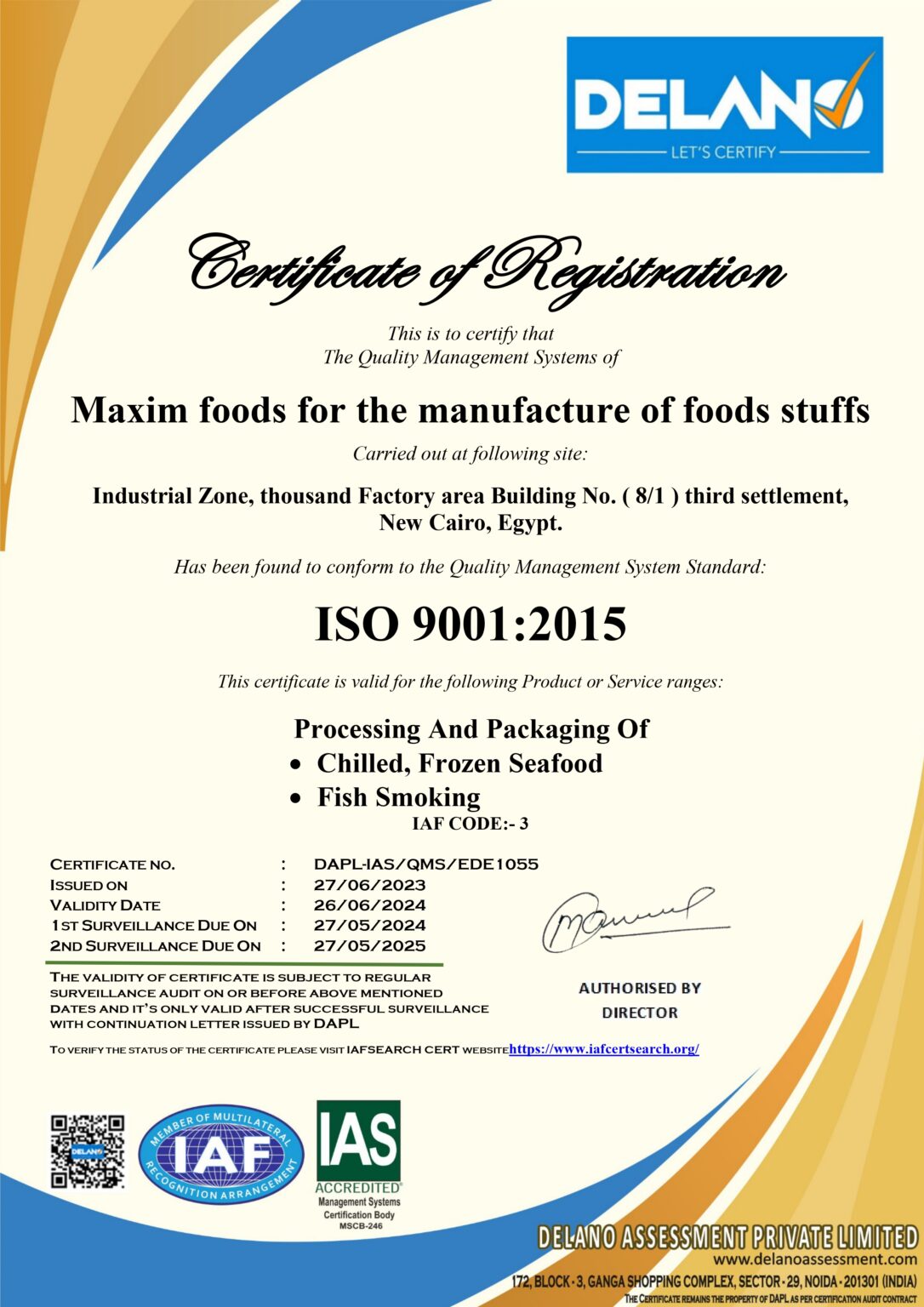 Certificates - Maxim Food