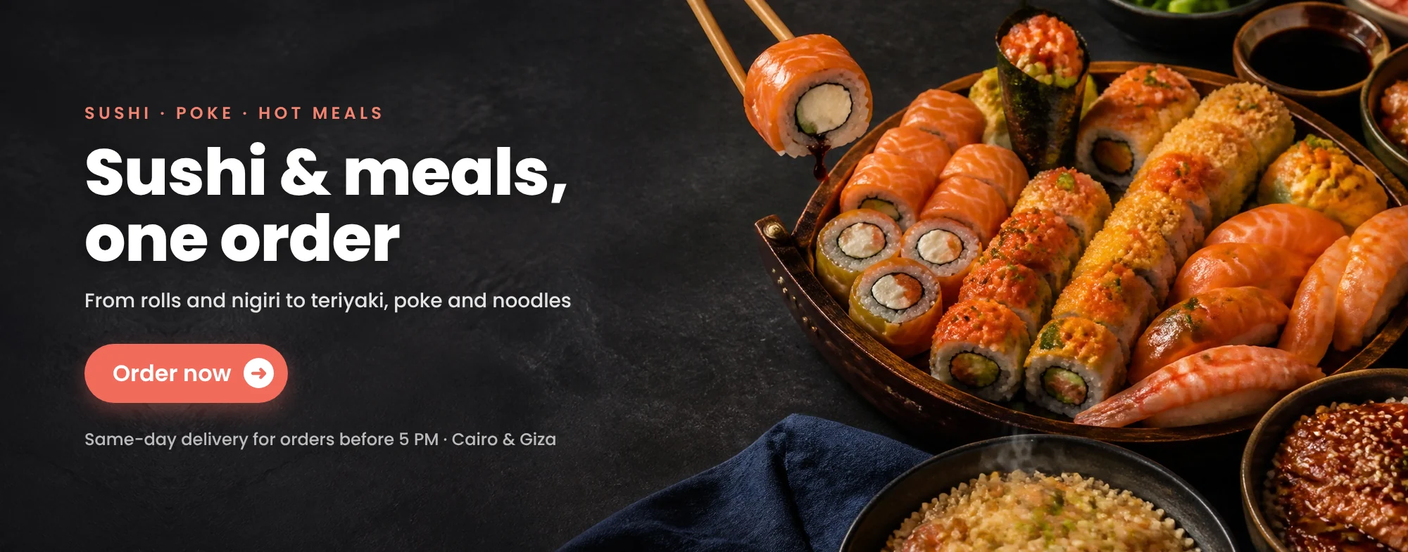 Sushi rolls, nigiri and hot seafood meals from Maxim Food