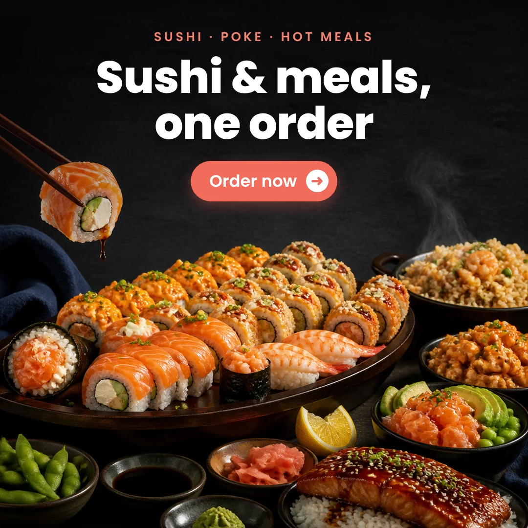 Sushi rolls, nigiri and hot seafood meals from Maxim Food